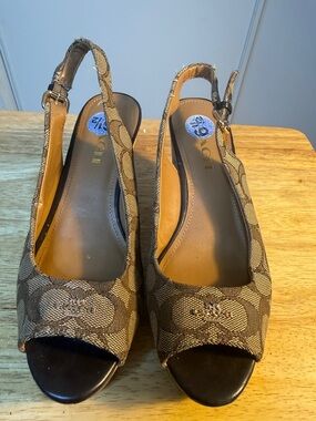 Coach Brown Signature Canvas Peep-Toe Slingback Mules